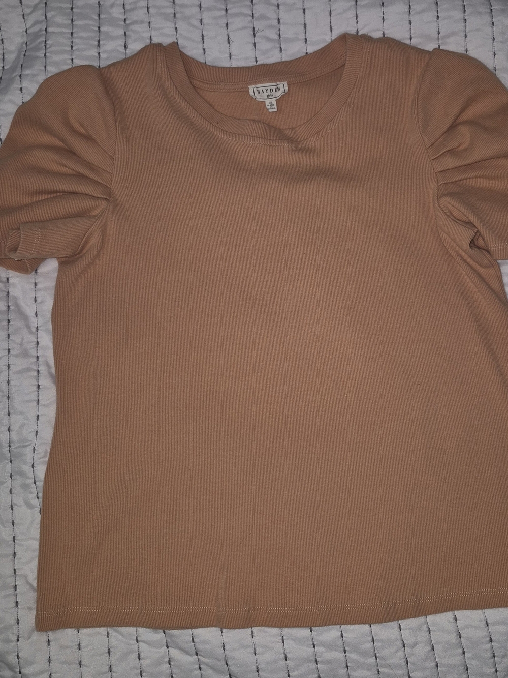 Hayden Girls Tan Puff Sleeve Ribbed Tee